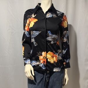 70s Black Floral Blouse Bird Hibiscus Size Small Made in USA